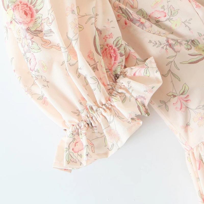 Summer New Women High Waist Print Floral Dress Short Puff Sleeve Square Collar Long Dress Chest Pleated Lace Up Casual Dress