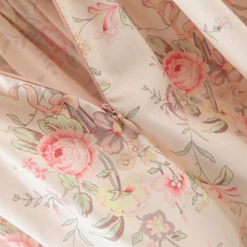Summer New Women High Waist Print Floral Dress Short Puff Sleeve Square Collar Long Dress Chest Pleated Lace Up Casual Dress