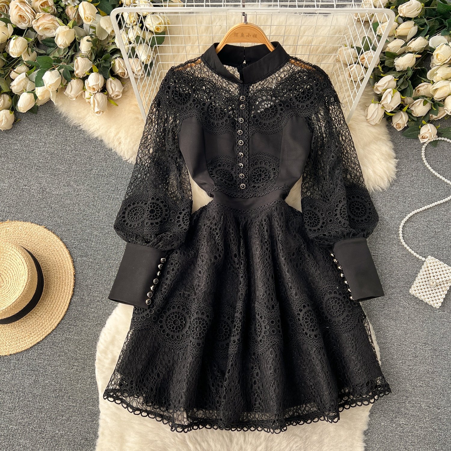 Spring New Premium White Long Sleeve Hollow Lace Women's Ruffle Dresses