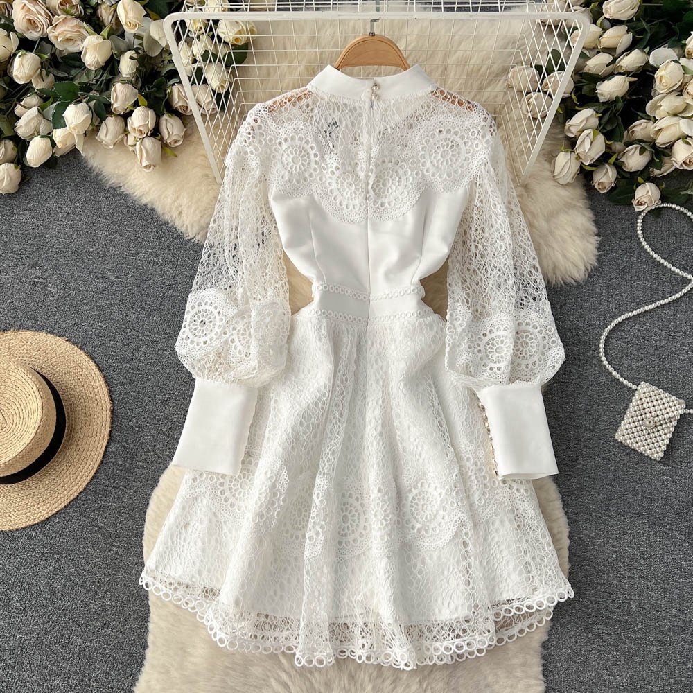 Spring New Premium White Long Sleeve Hollow Lace Women's Ruffle Dresses