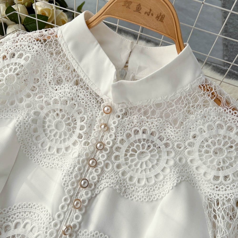 Spring New Premium White Long Sleeve Hollow Lace Women's Ruffle Dresses
