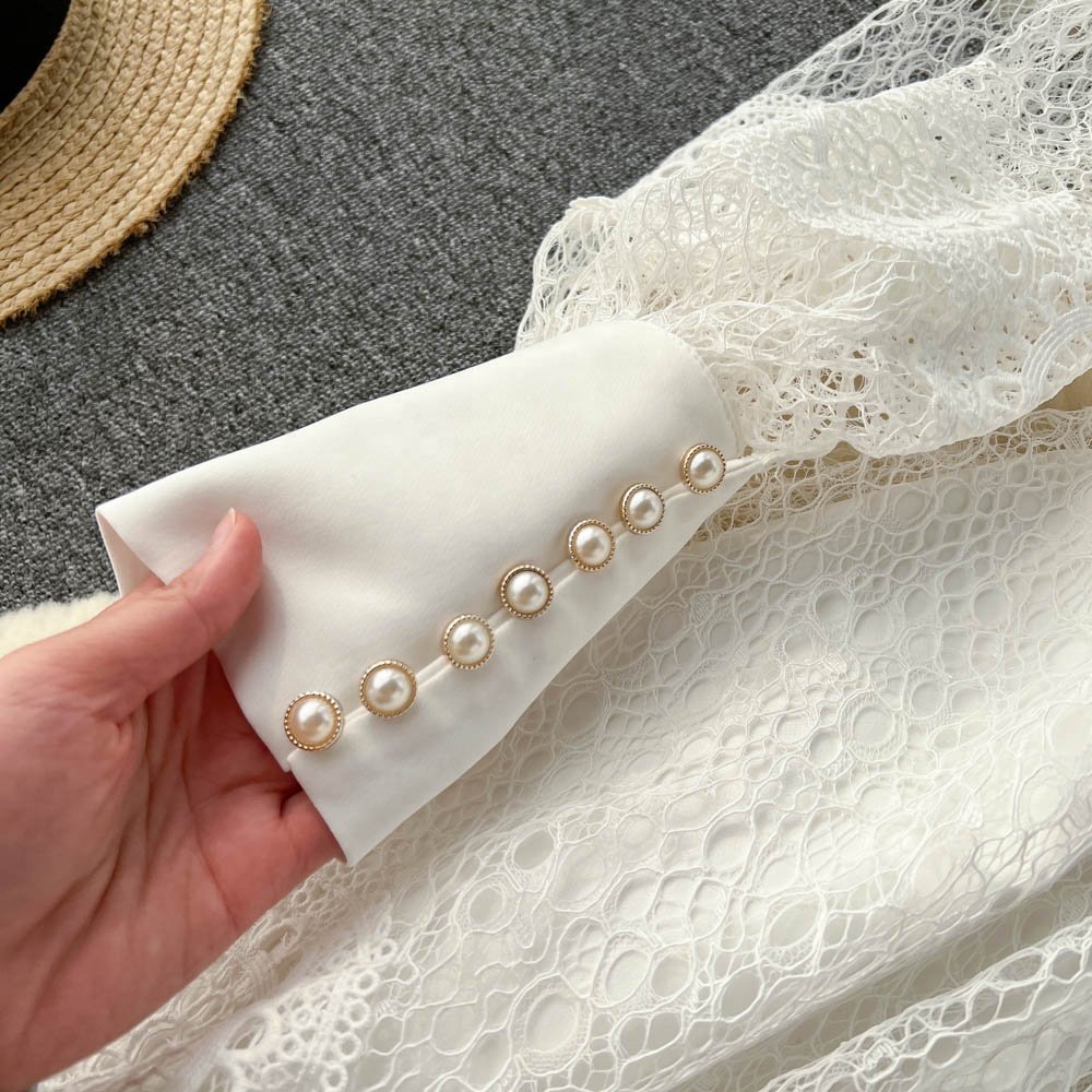 Spring New Premium White Long Sleeve Hollow Lace Women's Ruffle Dresses