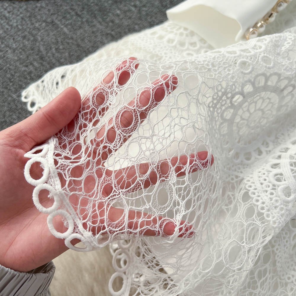 Spring New Premium White Long Sleeve Hollow Lace Women's Ruffle Dresses