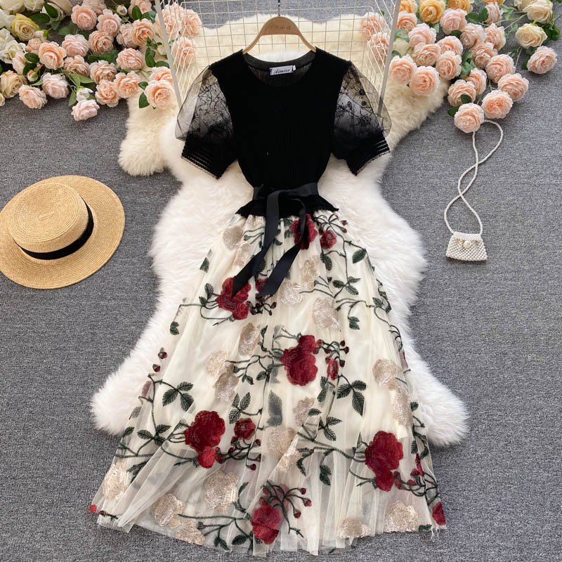 Women's Casual Dresses Women Lady Elegant Embroidery Mesh Mid-Length Stitching Knitted Fairy Flower Girls' Dresses