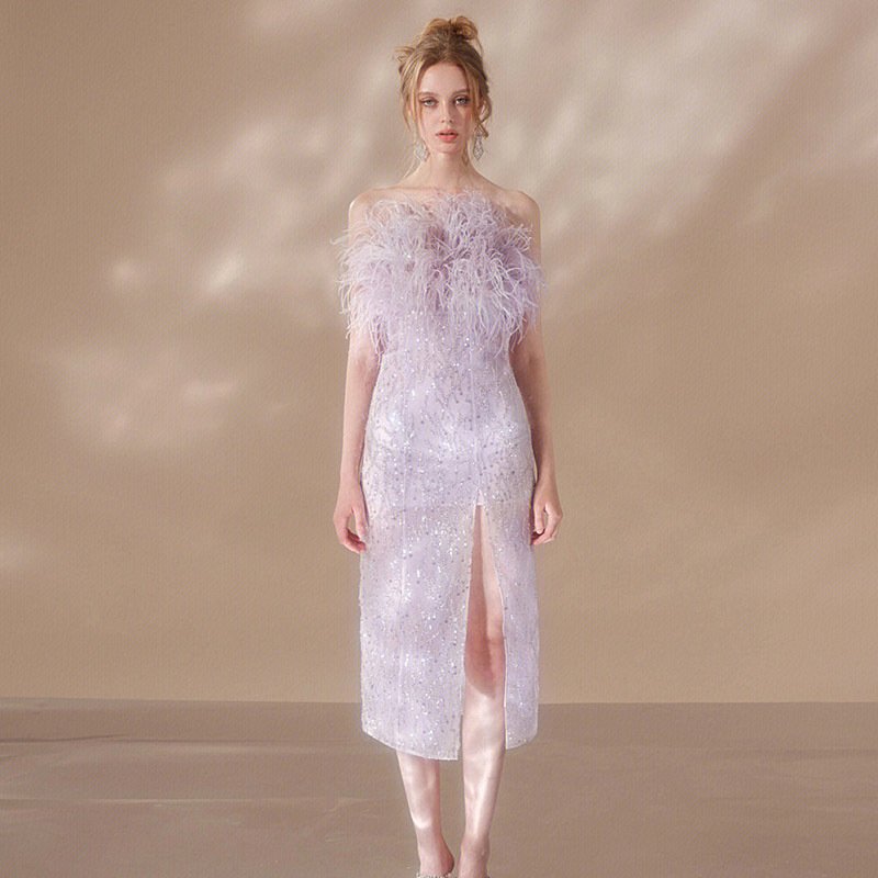 Crystal embroidered beading chest feather dresses women lady elegant bridesmaid dresses