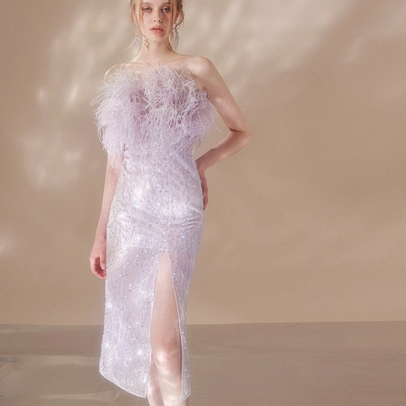 Crystal embroidered beading chest feather dresses women lady elegant bridesmaid dresses