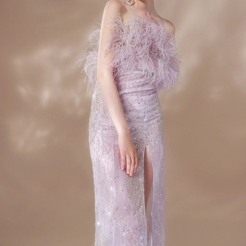 Crystal embroidered beading chest feather dresses women lady elegant bridesmaid dresses