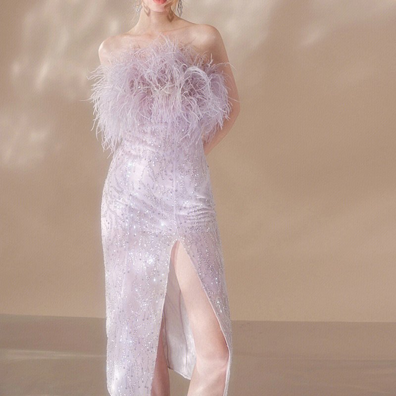 Crystal embroidered beading chest feather dresses women lady elegant bridesmaid dresses