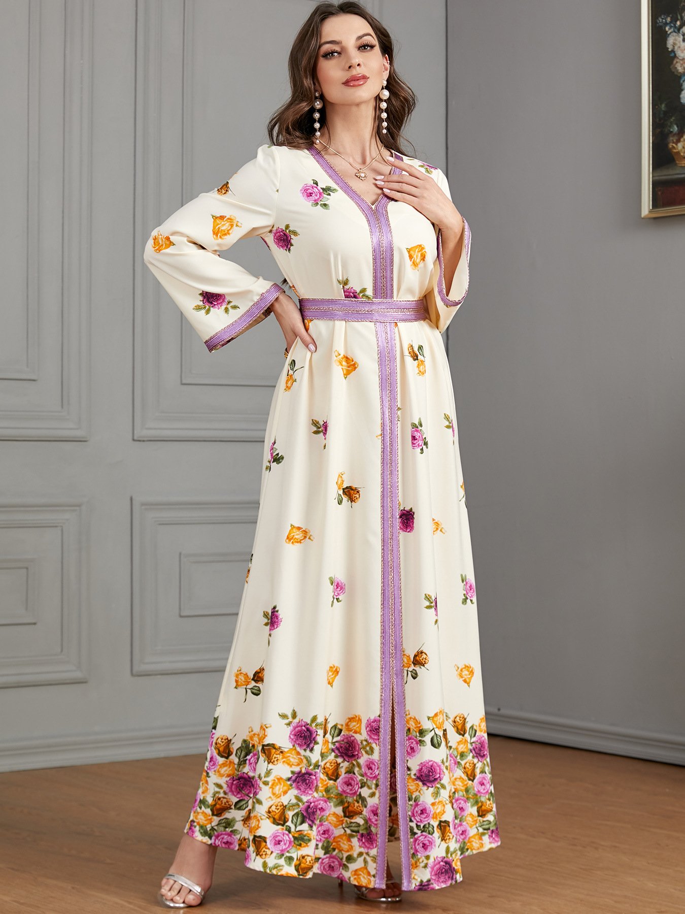 Wholesale moroccan kimono floral printing muslim dress arabic islamic clothing