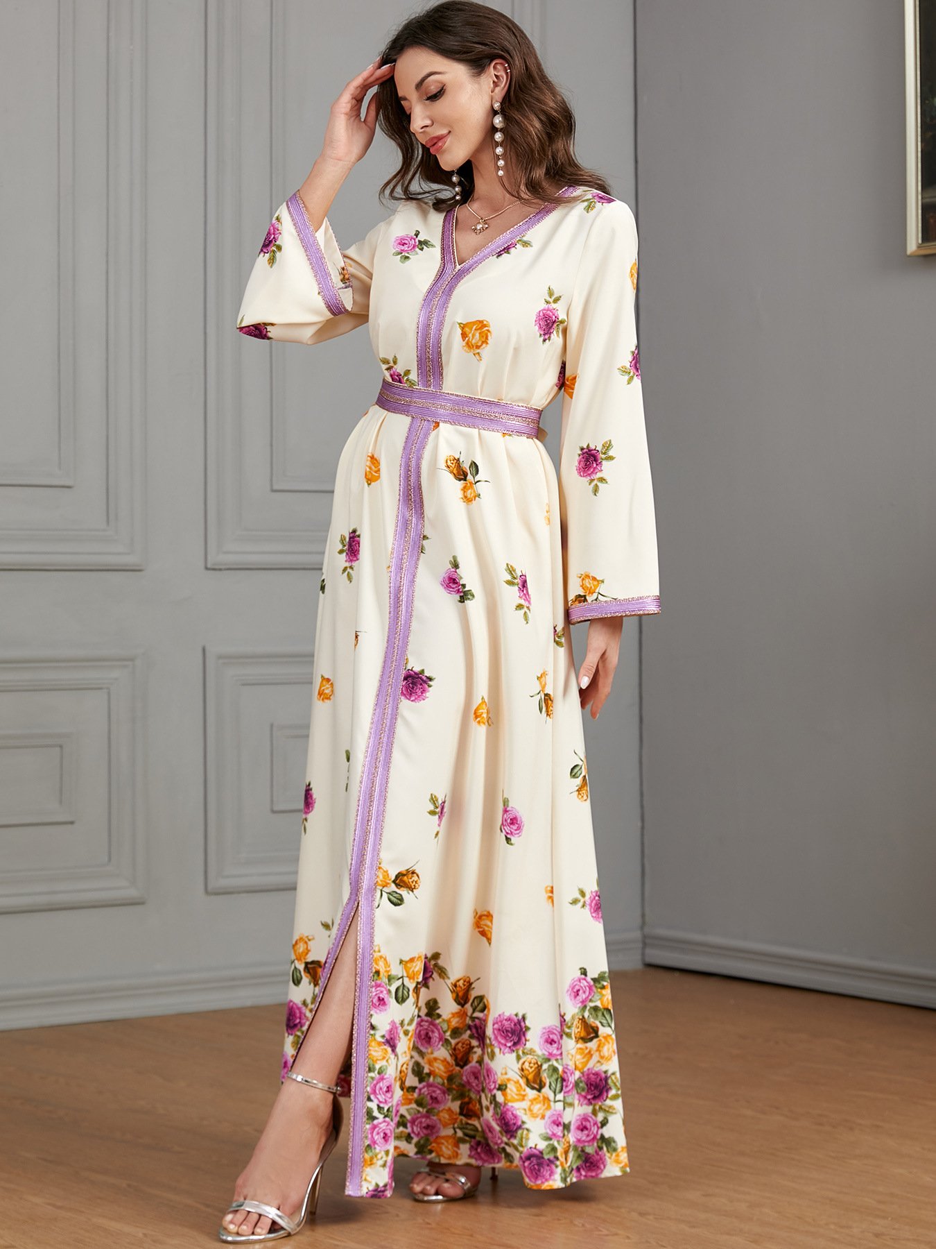 Wholesale moroccan kimono floral printing muslim dress arabic islamic clothing