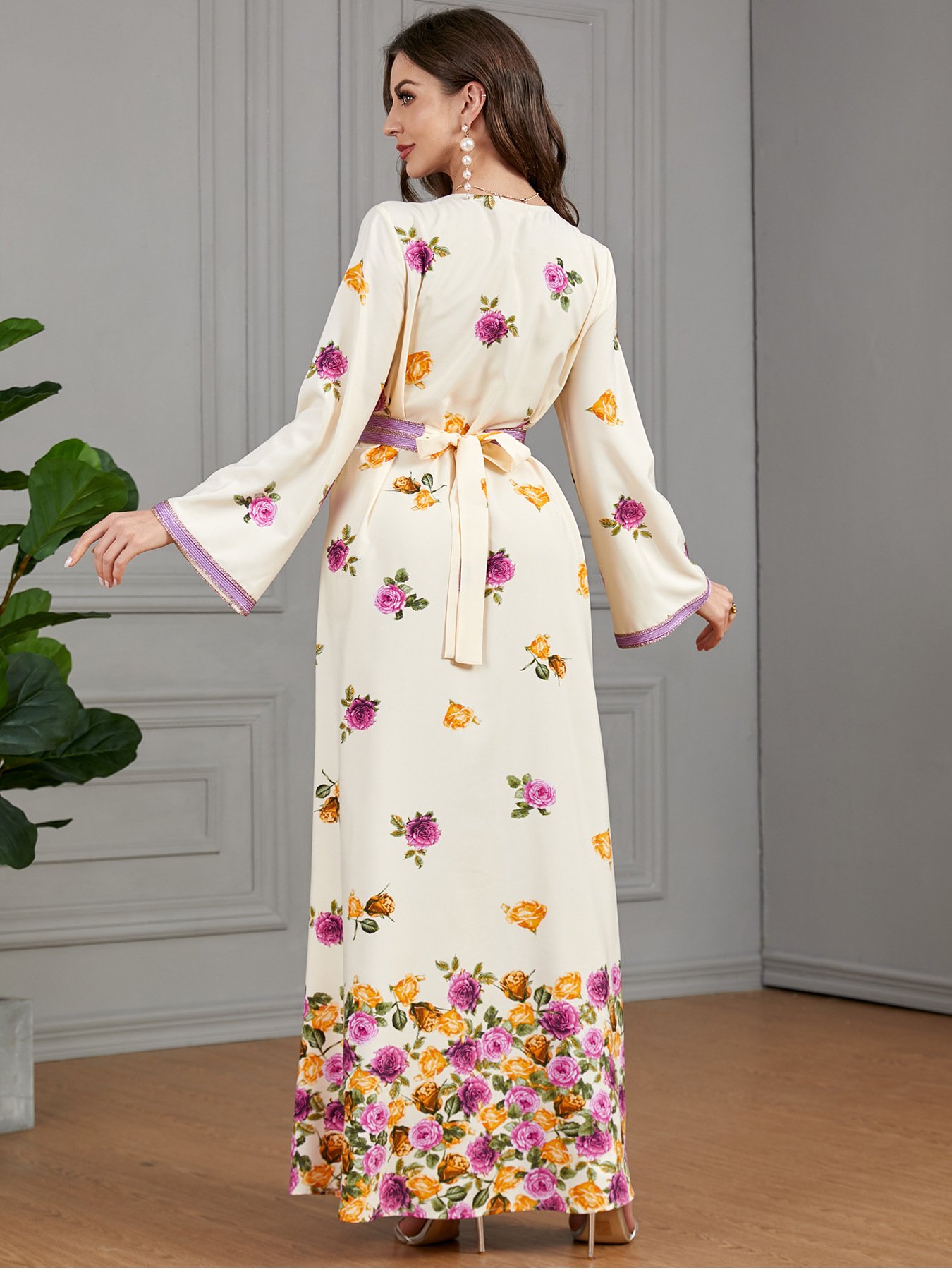 Wholesale moroccan kimono floral printing muslim dress arabic islamic clothing