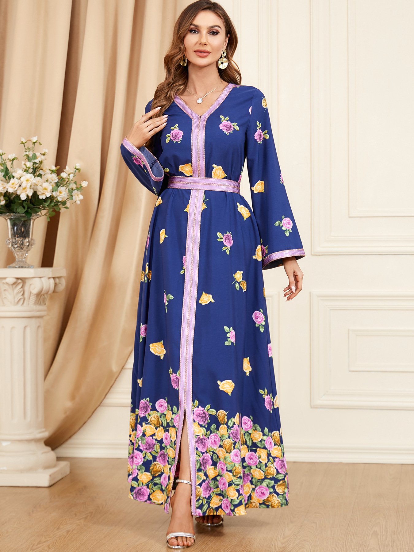 Wholesale moroccan kimono floral printing muslim dress arabic islamic clothing