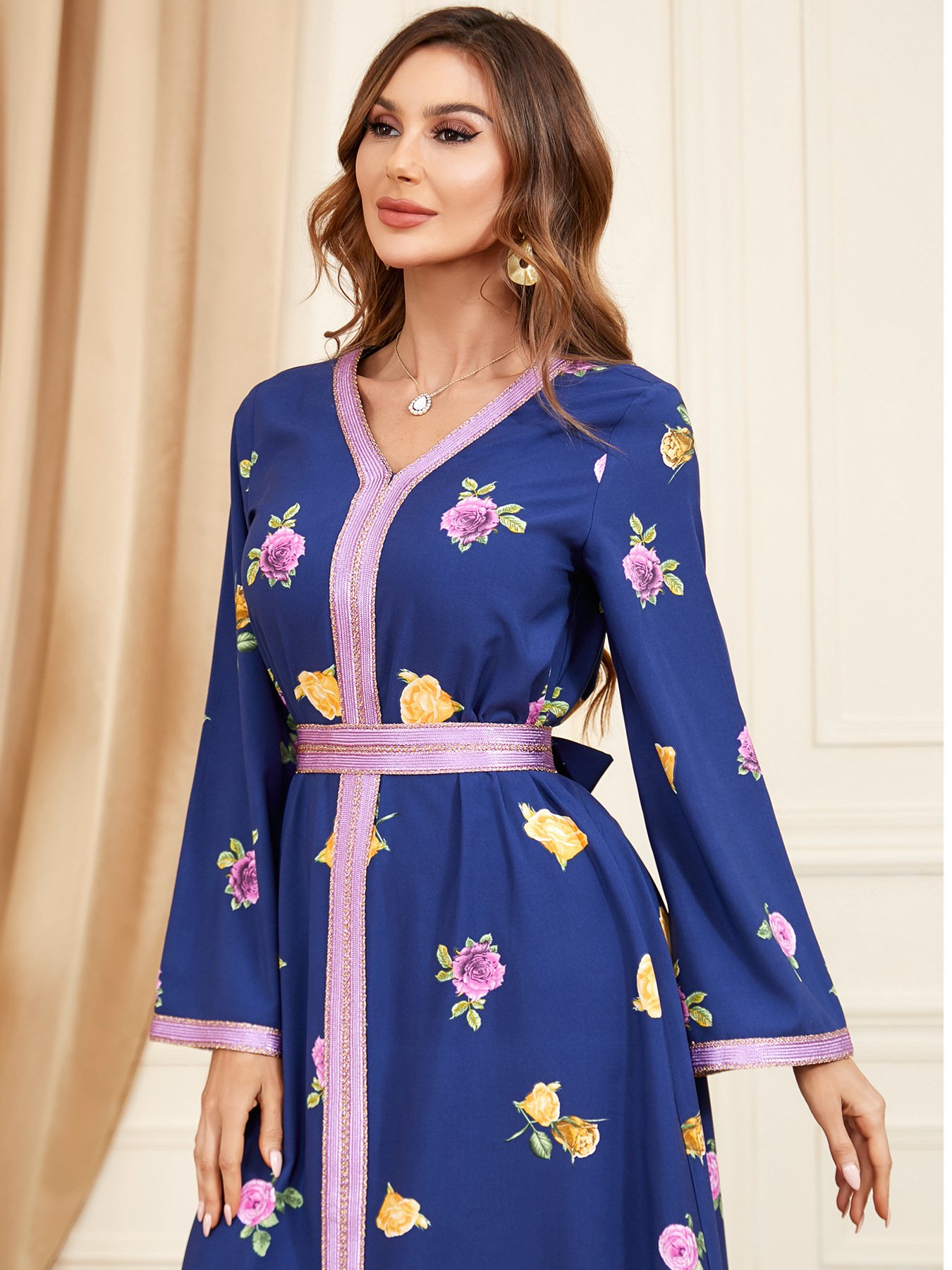 Wholesale moroccan kimono floral printing muslim dress arabic islamic clothing