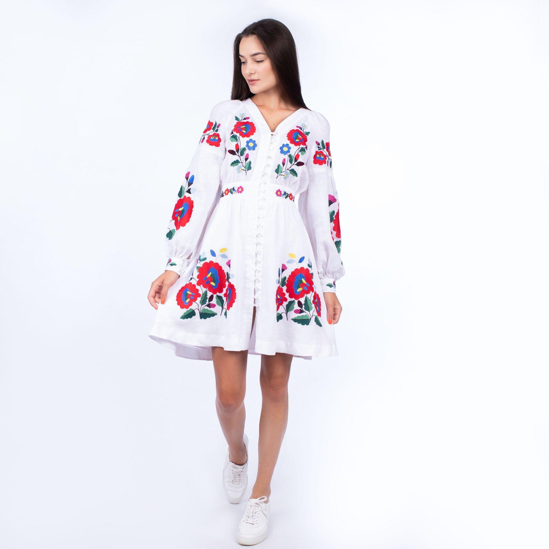 OEM Wholesale Boho Evening Party Wear Sexy Short Full Sleeve Women Clothing White Ukrainian Embroidered Casual Dresses
