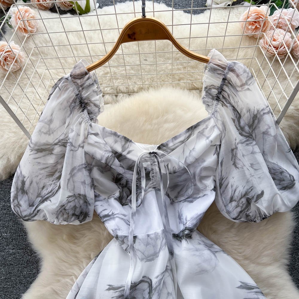 Summer Printed Waisted Square Neck Short Sleeve Big Hem Women's Dresses