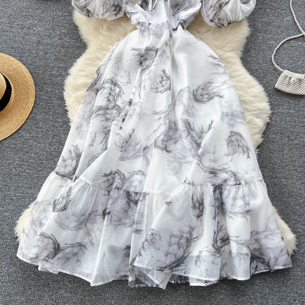 Summer Printed Waisted Square Neck Short Sleeve Big Hem Women's Dresses
