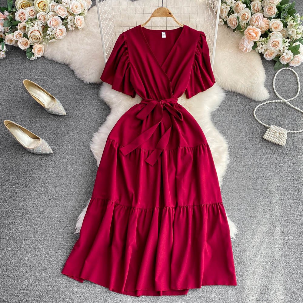 New design women Casual dresses half sleeve long dress V-neck collar elegant women dress