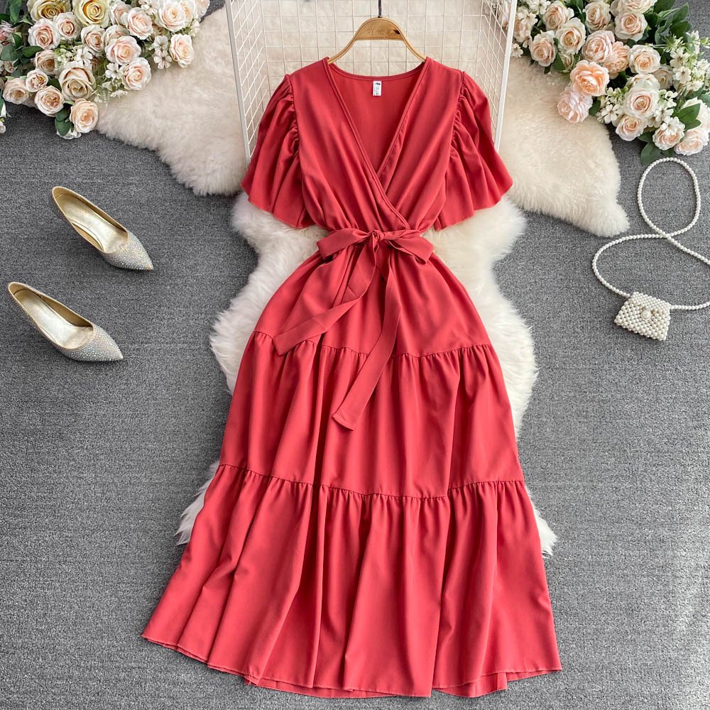 New design women Casual dresses half sleeve long dress V-neck collar elegant women dress