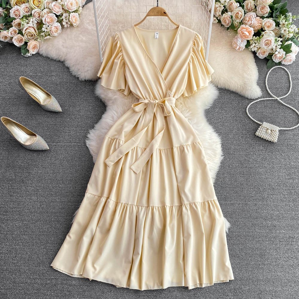 New design women Casual dresses half sleeve long dress V-neck collar elegant women dress