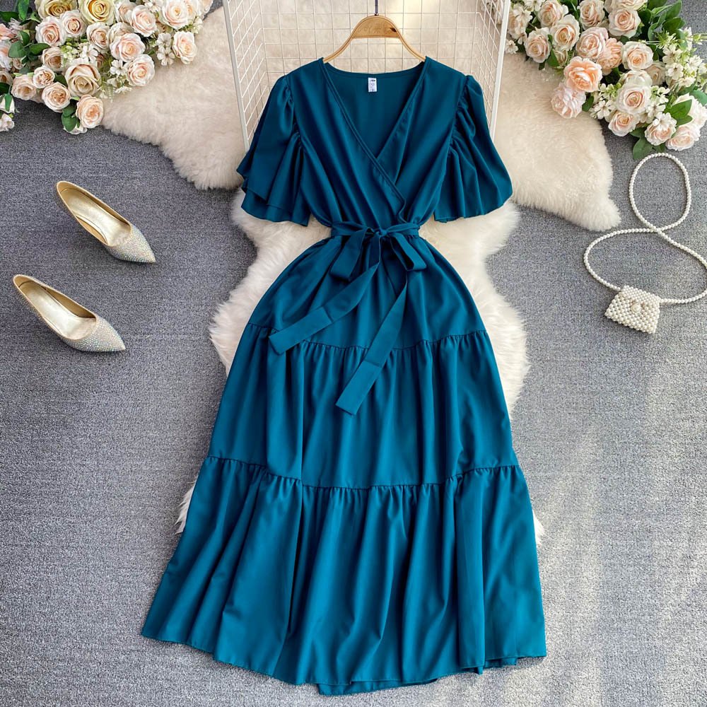 New design women Casual dresses half sleeve long dress V-neck collar elegant women dress