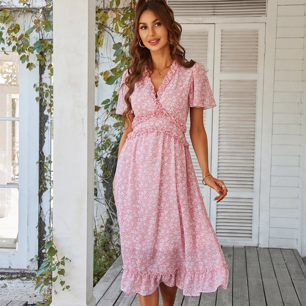 Latest Design Summer Bohemia Fresh Style Women Floral Printed Lacework V-neck Casual Dress Short Sleeve Ruffle Long Dresses