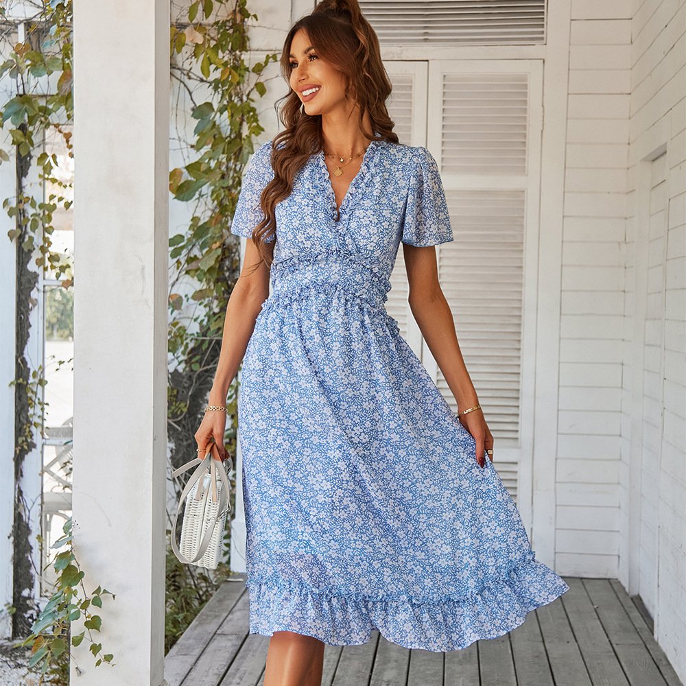 Latest Design Summer Bohemia Fresh Style Women Floral Printed Lacework V-neck Casual Dress Short Sleeve Ruffle Long Dresses