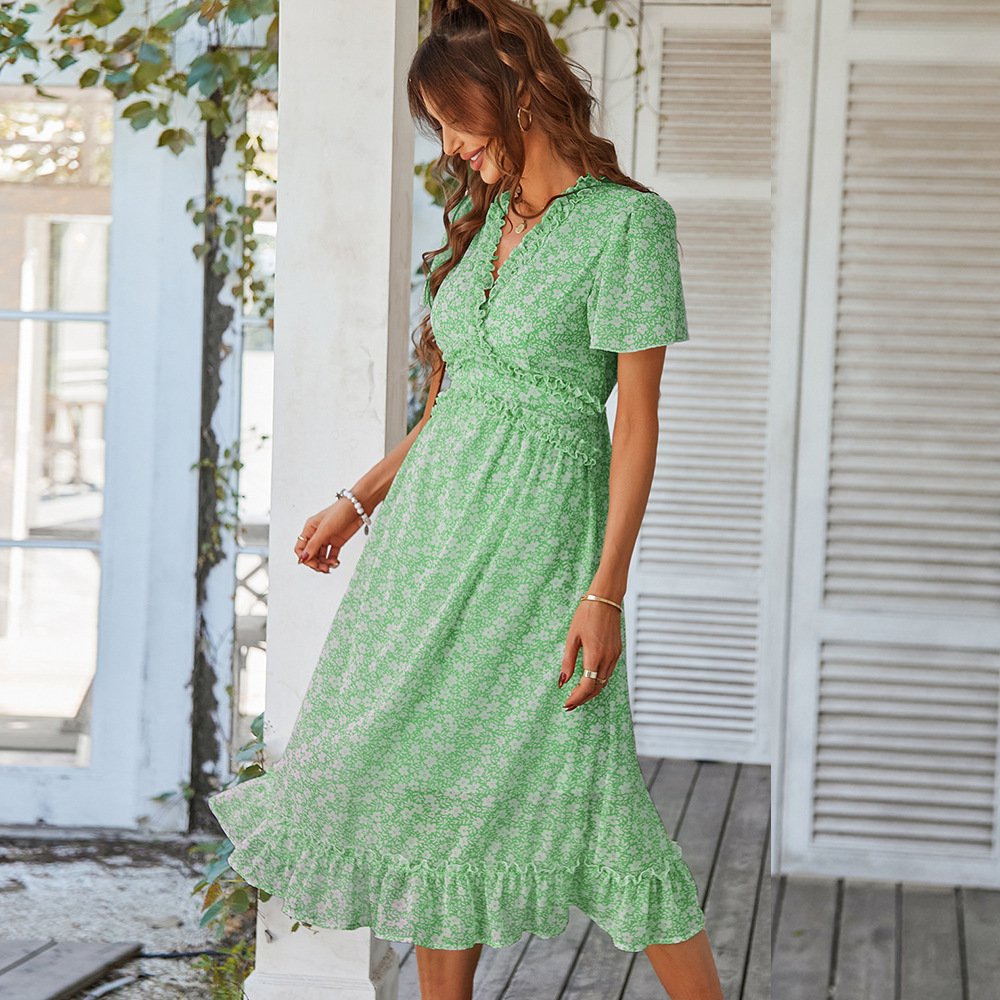 Latest Design Summer Bohemia Fresh Style Women Floral Printed Lacework V-neck Casual Dress Short Sleeve Ruffle Long Dresses