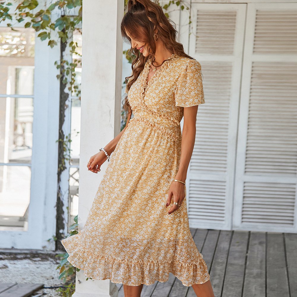 Latest Design Summer Bohemia Fresh Style Women Floral Printed Lacework V-neck Casual Dress Short Sleeve Ruffle Long Dresses