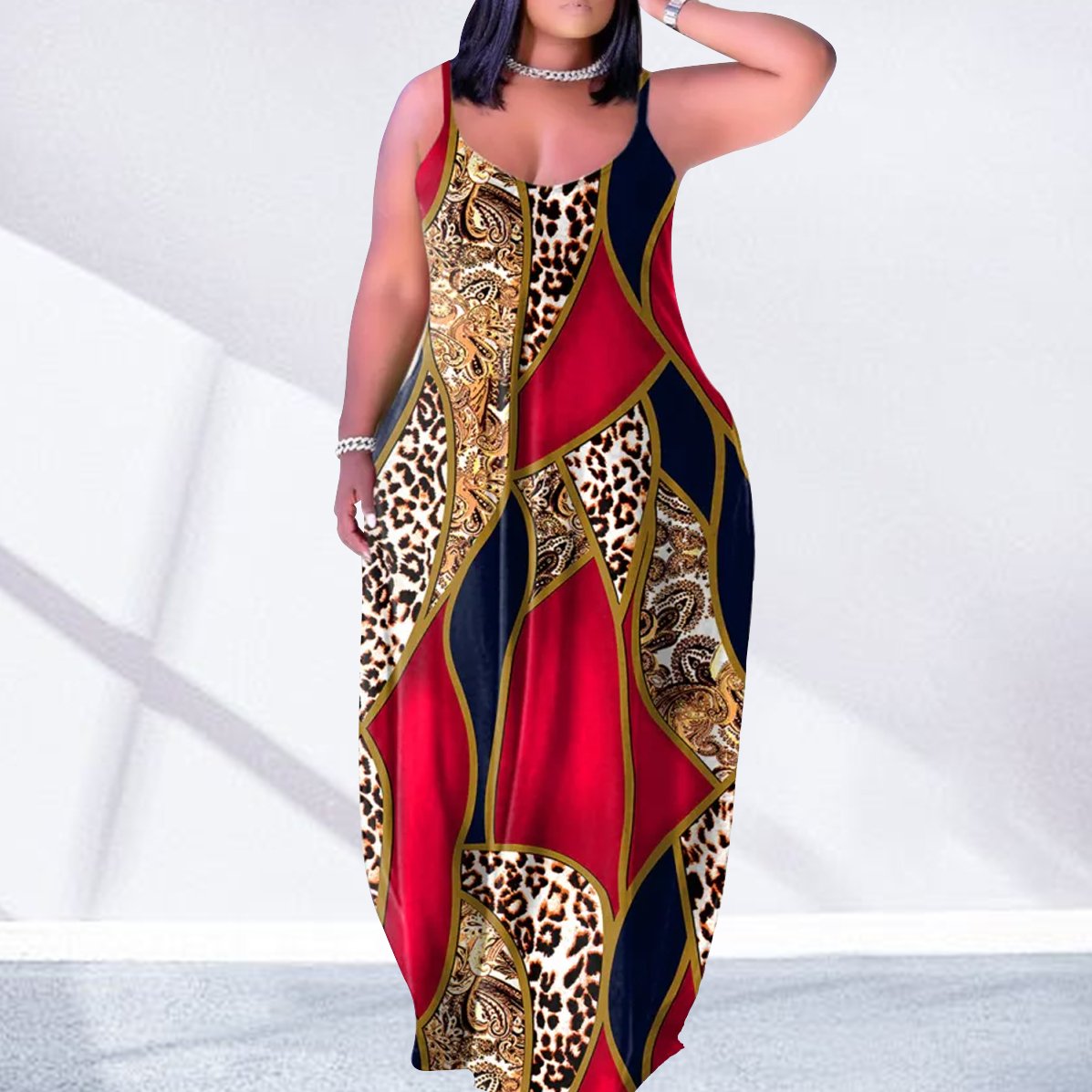 African Style Leopard Print Maxi Dresses Summer Sleeveless Long V Neck Slip Sundress For Women