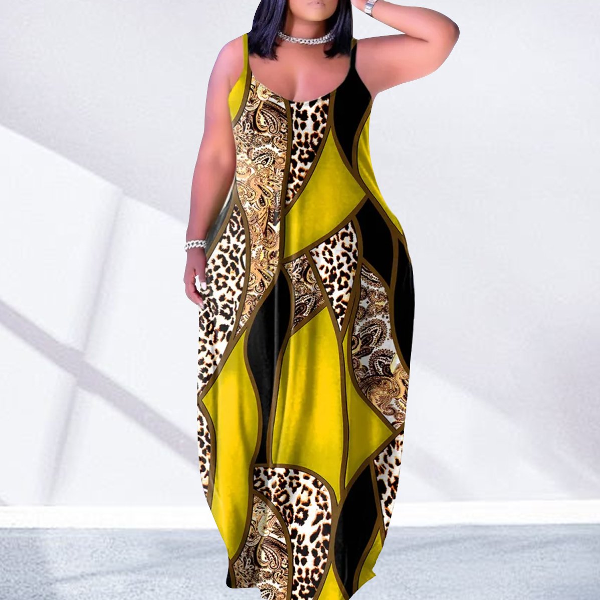 African Style Leopard Print Maxi Dresses Summer Sleeveless Long V Neck Slip Sundress For Women