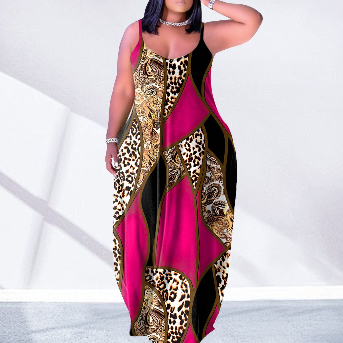 African Style Leopard Print Maxi Dresses Summer Sleeveless Long V Neck Slip Sundress For Women