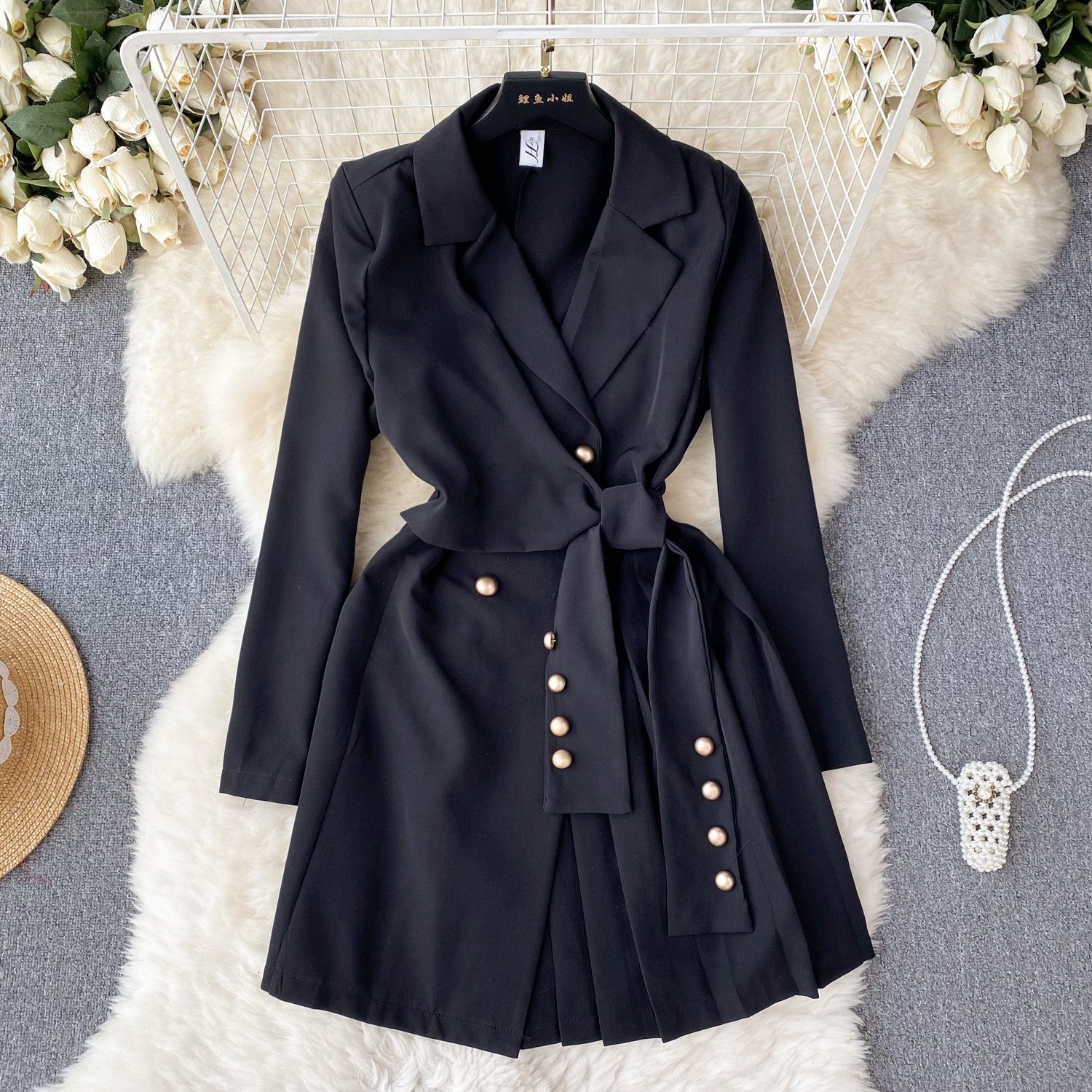 Wholesale Women New Arrival Spring Autumn Fashion V -Neck Long Sleeve Pleated Woman Blazer Casual Dress