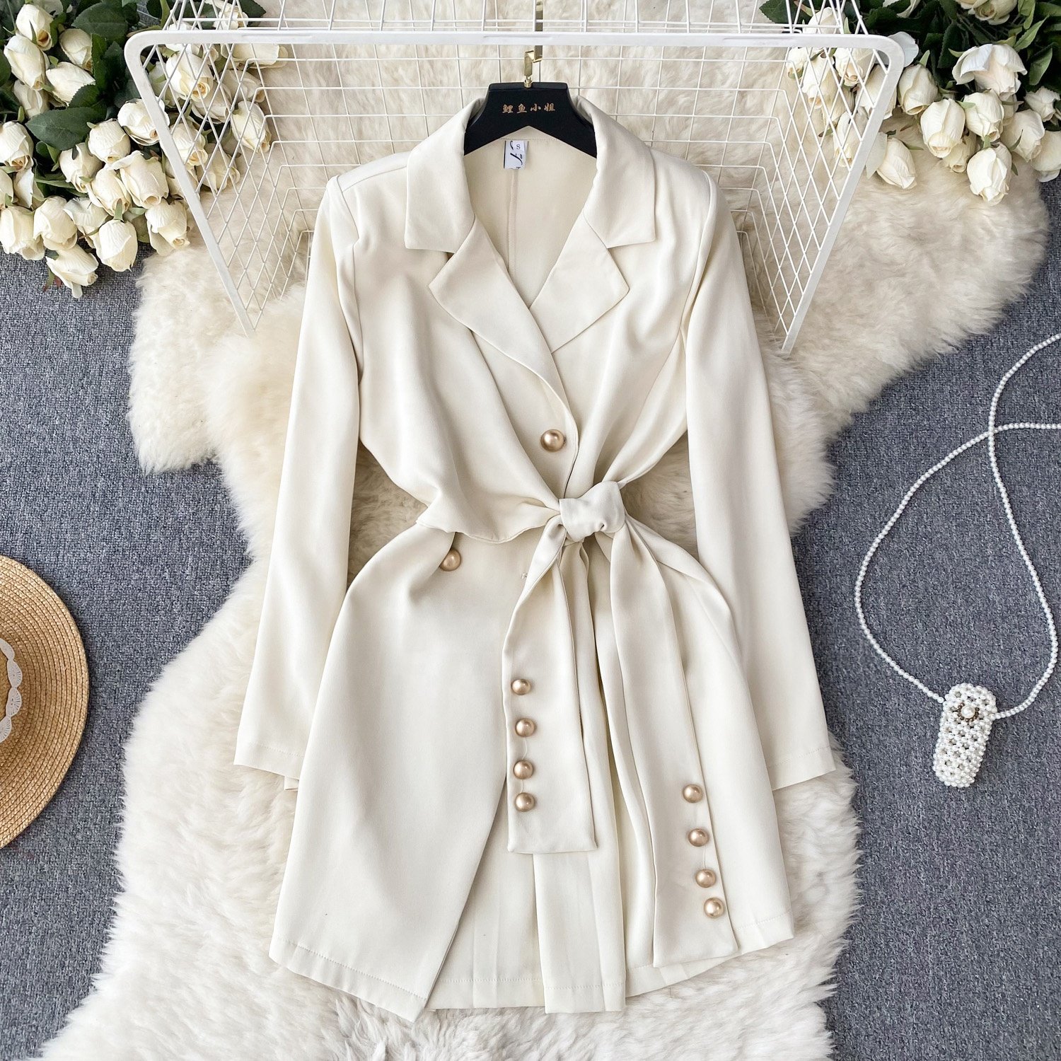 Wholesale Women New Arrival Spring Autumn Fashion V -Neck Long Sleeve Pleated Woman Blazer Casual Dress