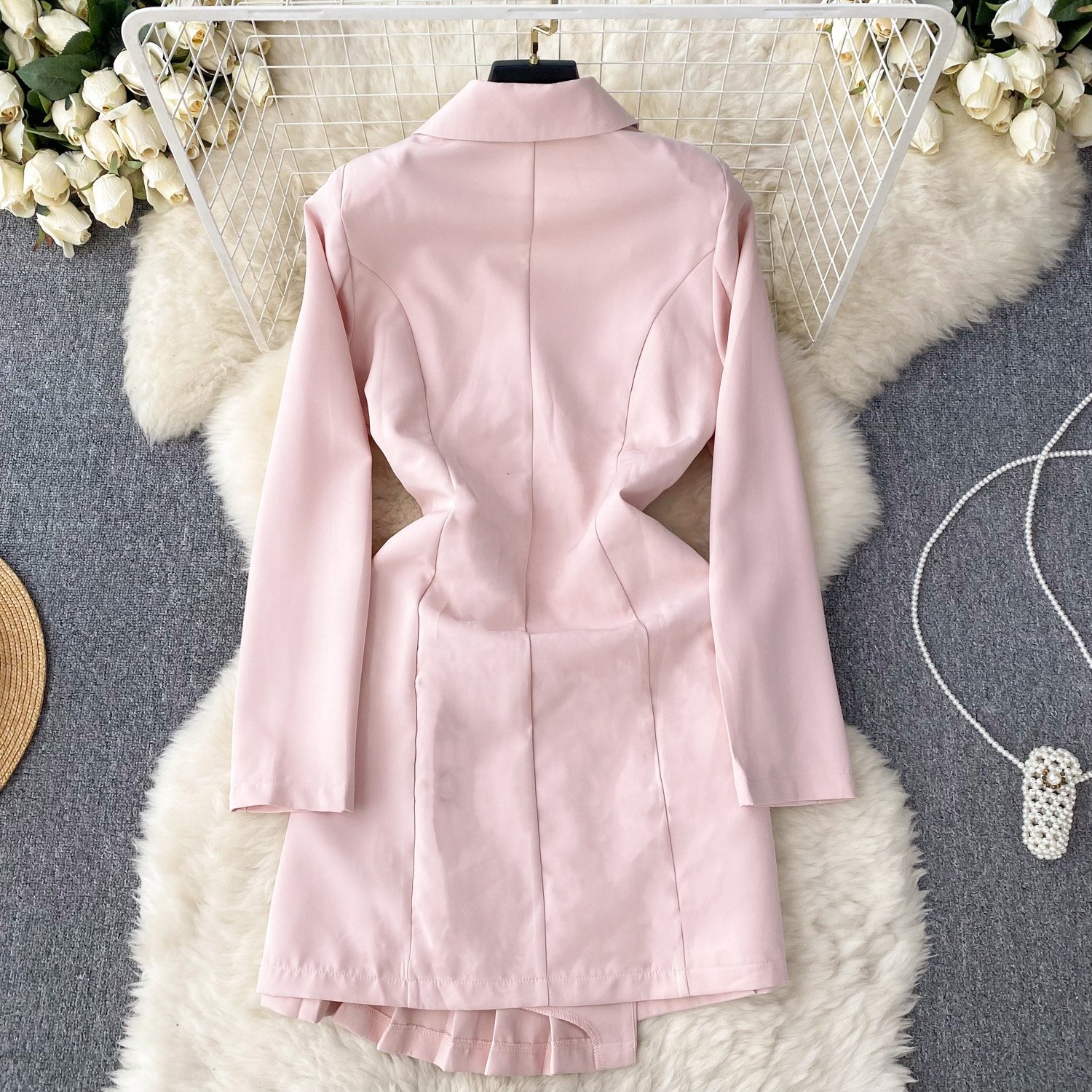 Wholesale Women New Arrival Spring Autumn Fashion V -Neck Long Sleeve Pleated Woman Blazer Casual Dress