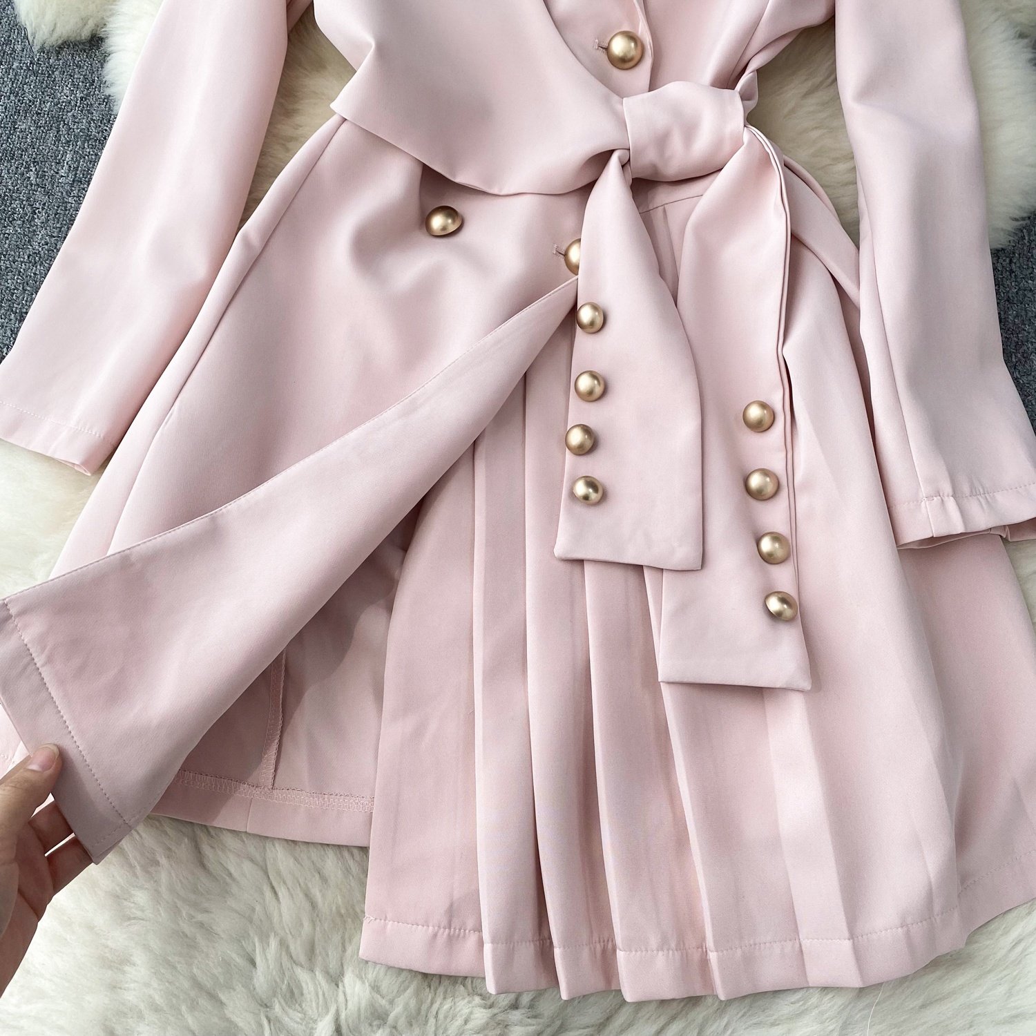 Wholesale Women New Arrival Spring Autumn Fashion V -Neck Long Sleeve Pleated Woman Blazer Casual Dress