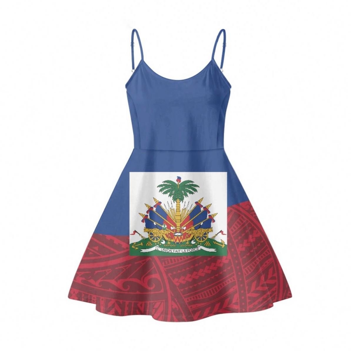 Polynesian Tribal Traditional Flower With Haiti Flag Sling Dress U Neck Spaghetti Strap Evening Dress With Pocket For Girl Women