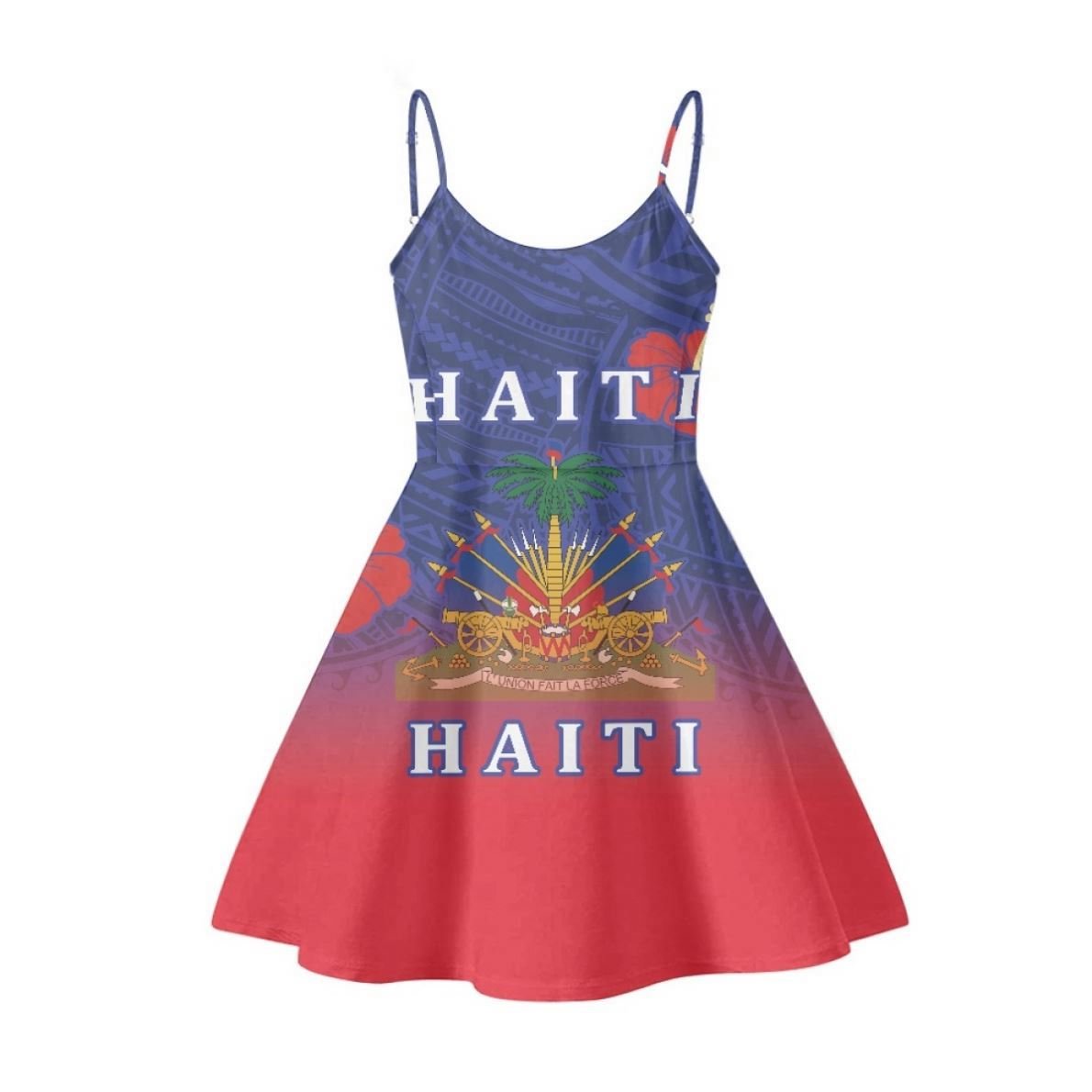 Polynesian Tribal Traditional Flower With Haiti Flag Sling Dress U Neck Spaghetti Strap Evening Dress With Pocket For Girl Women
