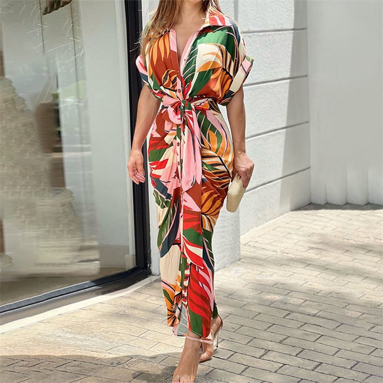 High quality new summer women's printed lapel short sleeved high waisted long shirt dress