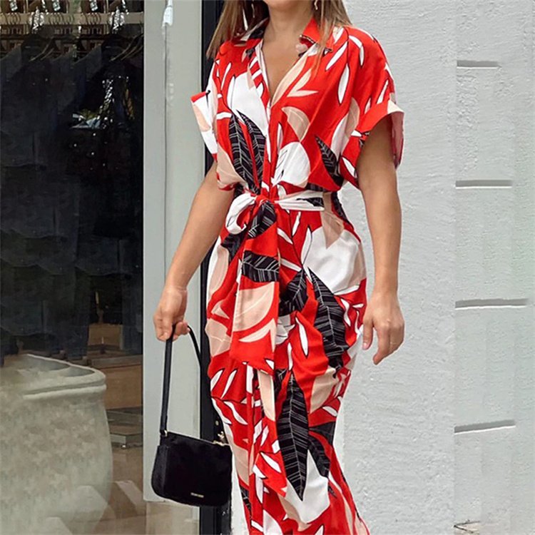 High quality new summer women's printed lapel short sleeved high waisted long shirt dress