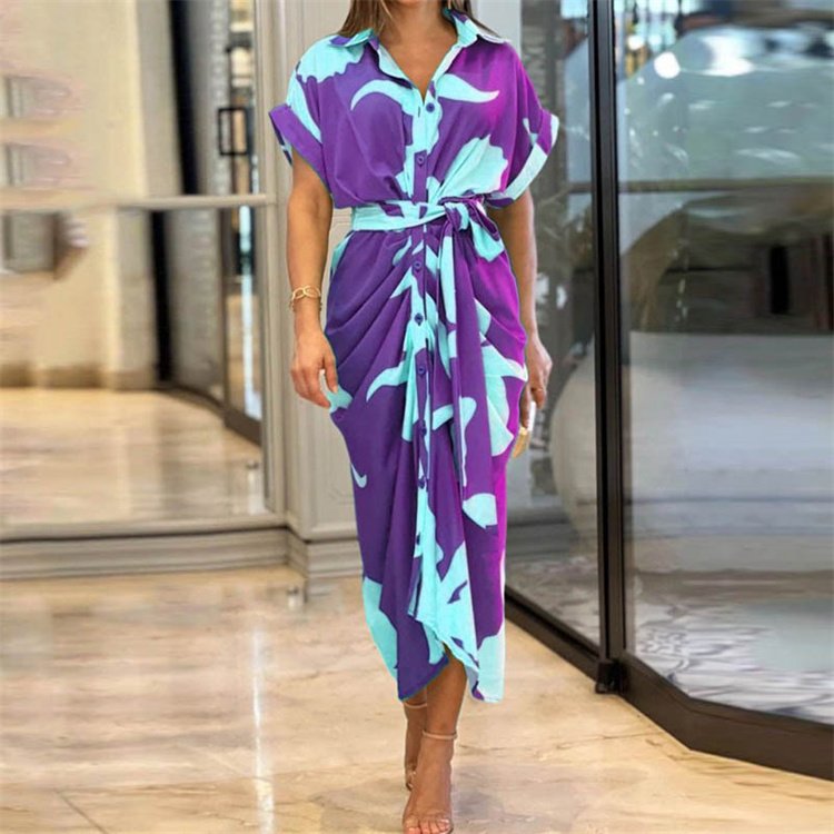 High quality new summer women's printed lapel short sleeved high waisted long shirt dress