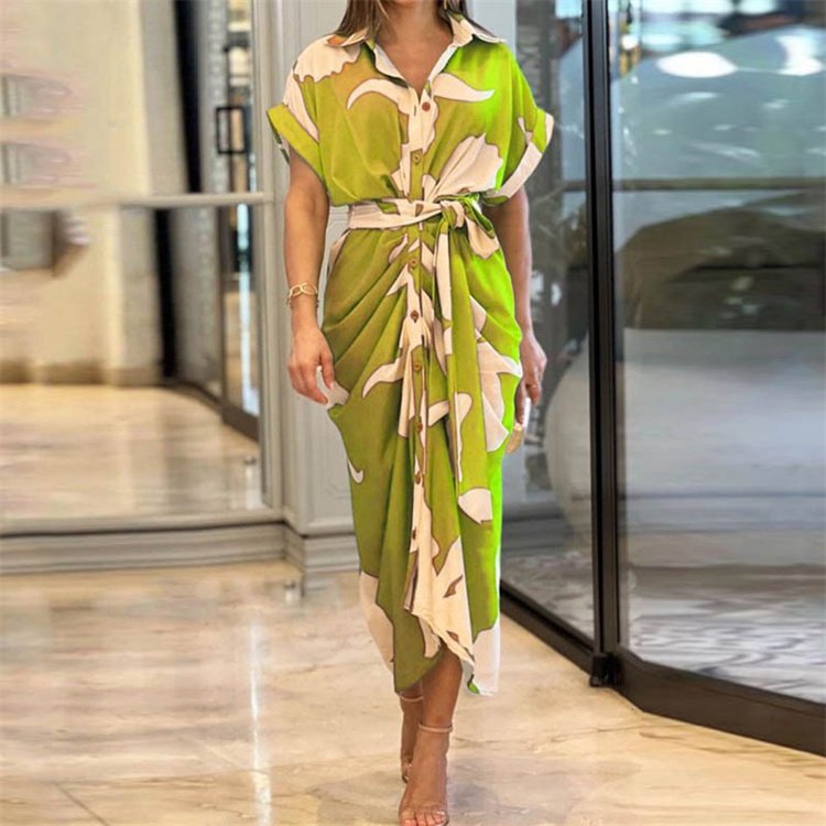 High quality new summer women's printed lapel short sleeved high waisted long shirt dress
