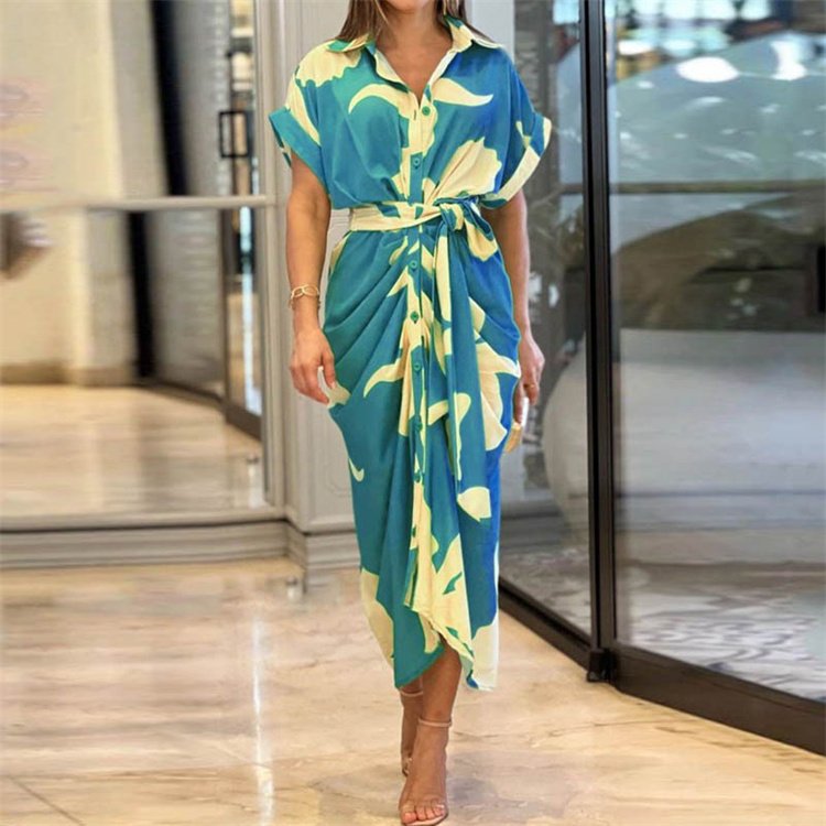 High quality new summer women's printed lapel short sleeved high waisted long shirt dress
