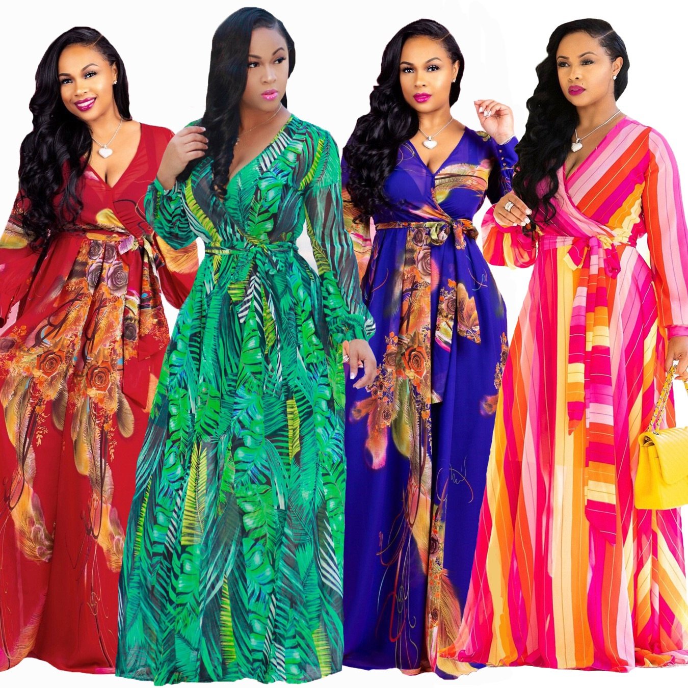 Europe and the United States sexy long-sleeved dress crossover V-neck slit casual dress