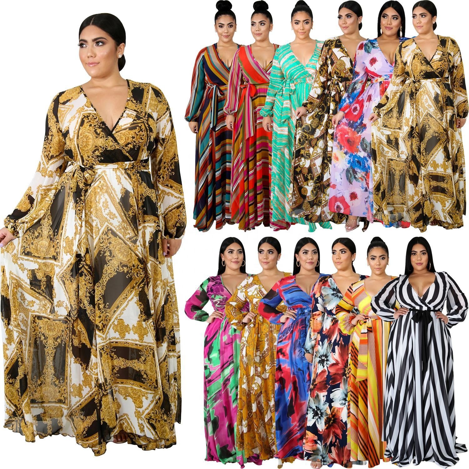Europe and the United States sexy long-sleeved dress crossover V-neck slit casual dress