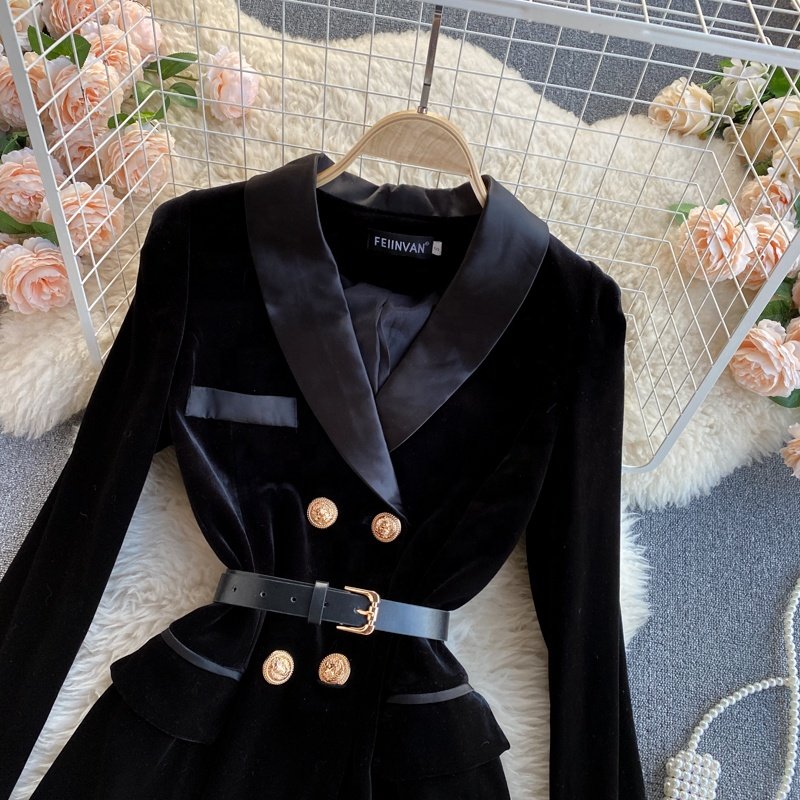 High Quality Fall Winter Black Elegant Women Double Breasted Velvet Long Blazer Office Formal Dress Coats For Ladies