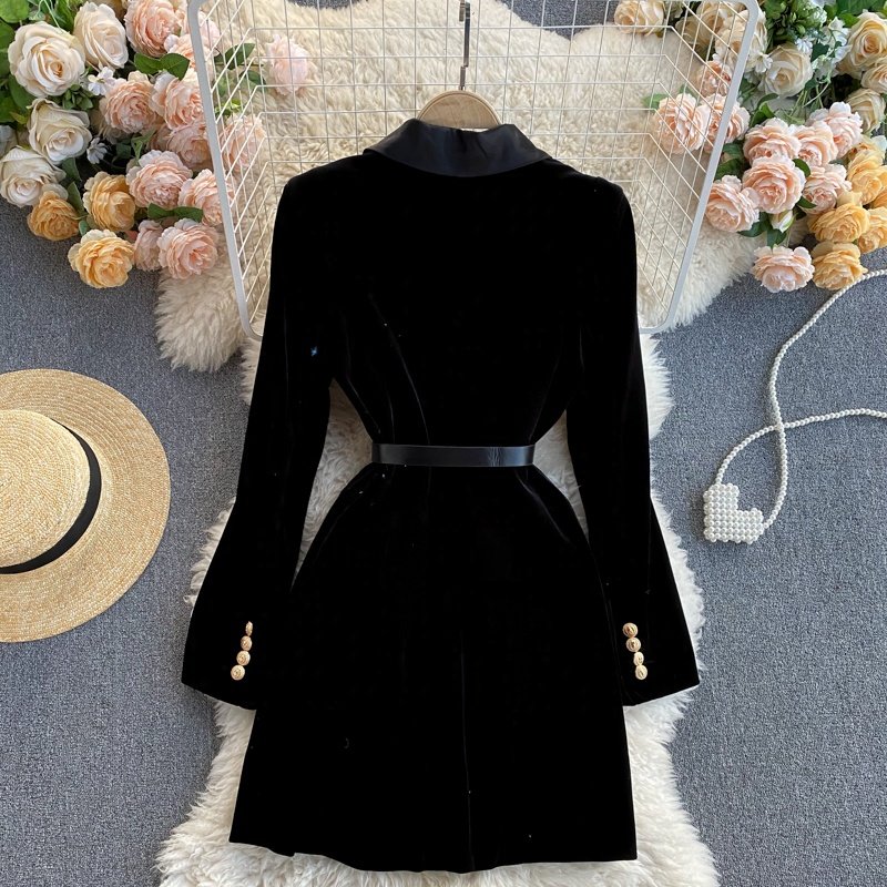High Quality Fall Winter Black Elegant Women Double Breasted Velvet Long Blazer Office Formal Dress Coats For Ladies