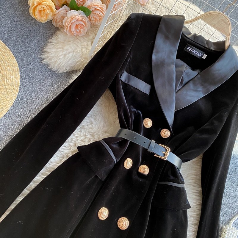 High Quality Fall Winter Black Elegant Women Double Breasted Velvet Long Blazer Office Formal Dress Coats For Ladies