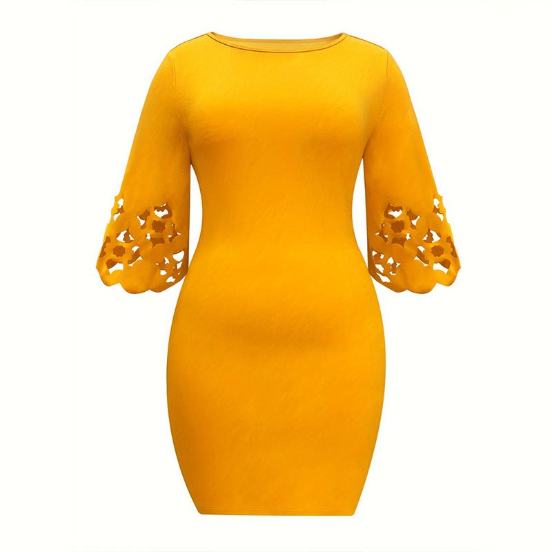 Plus Size Turkish Women's Elegant knitted stretch dresses robe Female hollow out sleeve high waist midi dress