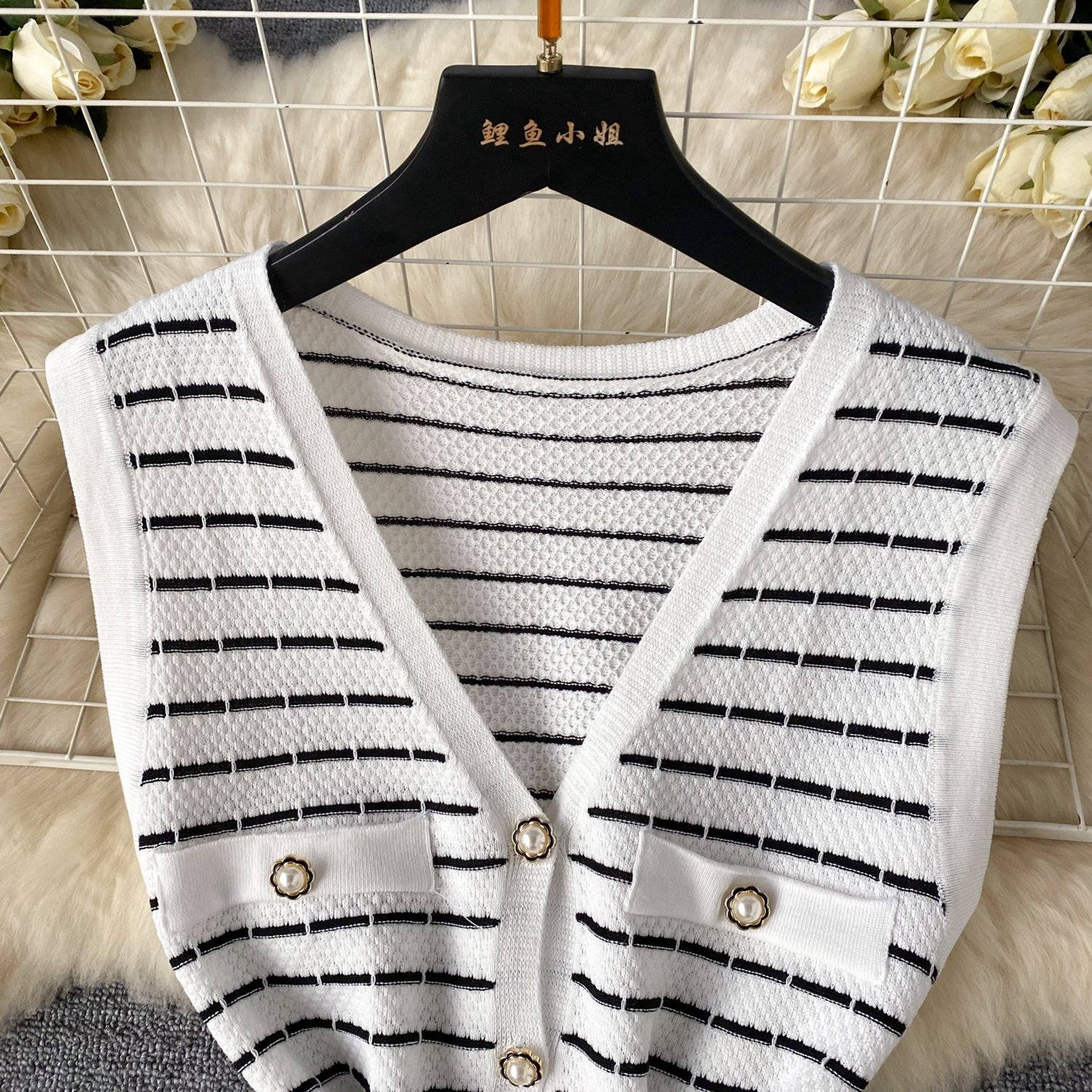 Knitwear Manufacturer Custom Contrast Color Striped V Neck Single Breasted Half Sleeve Luxury Knit Dress