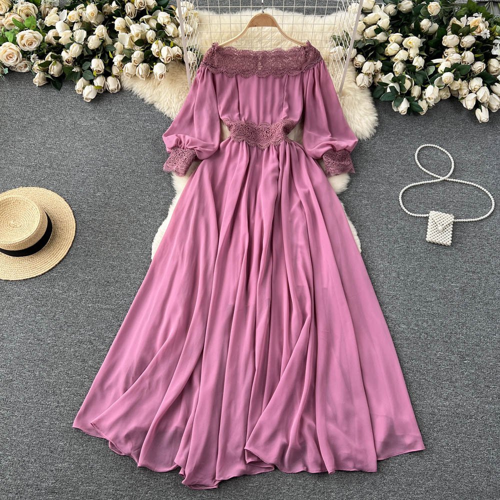 Customized style one line neck dress women's summer lace hook flower high-end feeling solid color casual dresses